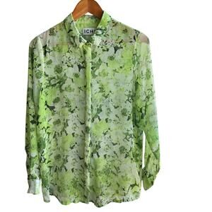 ICHI Top Womens EU 36 US Sm Green Floral Chiffon Long Sleeve Button Down Tunic